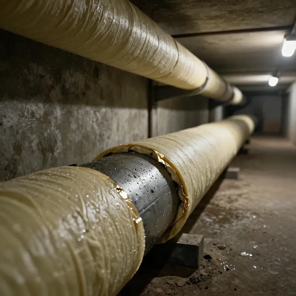 Kellerrohre mit neuer Dämmung und offenem Wärmeverlust an feuchter Betonwand.