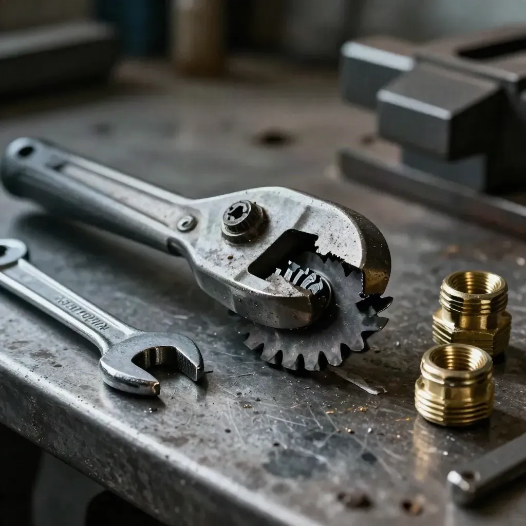 Rohrschneider, Maulschlüssel und Messingfittings auf einer verkratzten Stahlwerkbank.