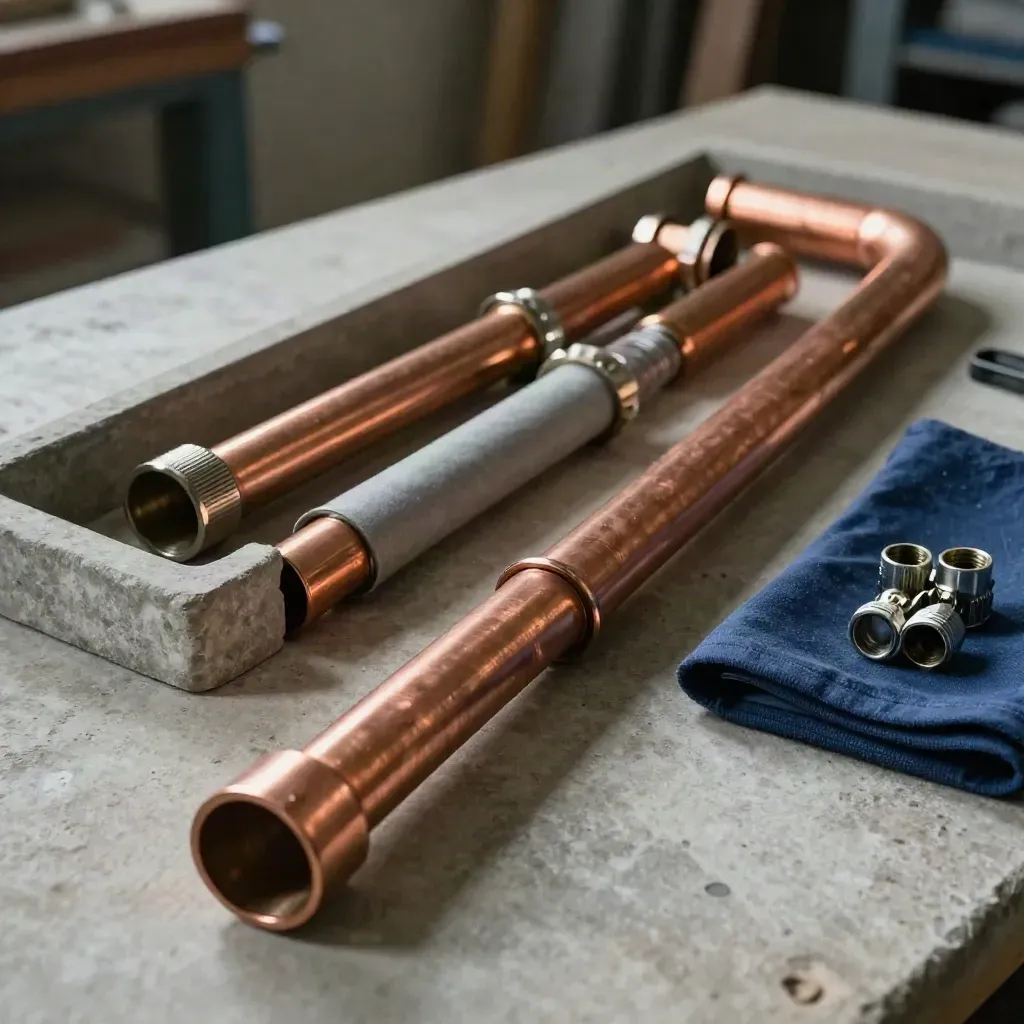 Kupferrohre, Dämmhülsen und Fittings in einer Steinschale auf grauem Werkuntergrund