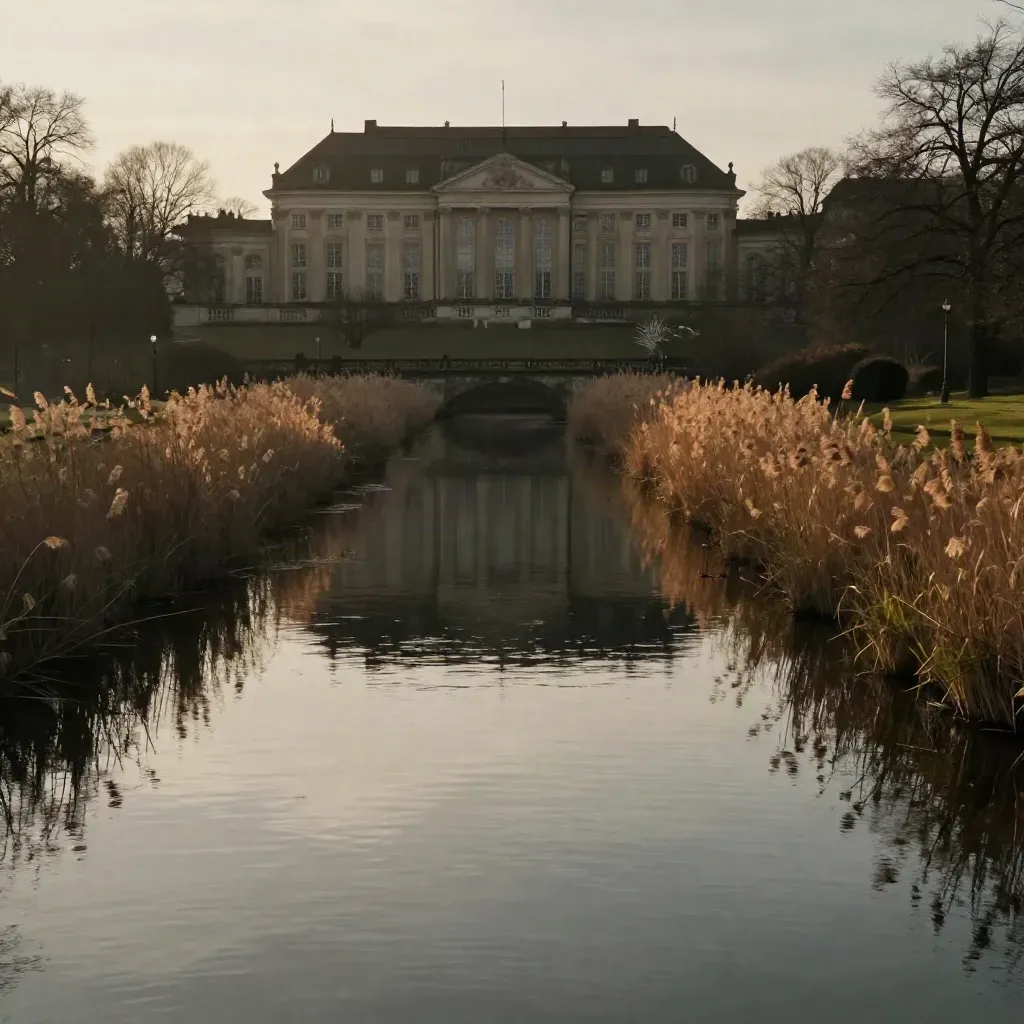 Potsdamer Kanalufer mit Sanssouci-Dachlinie im goldenen Abendlicht und ruhigem Wasser.